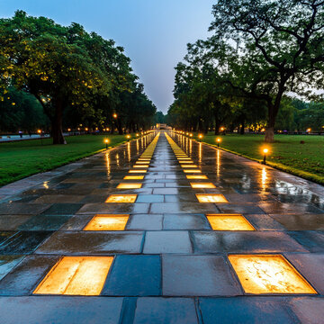 Serene Evening at Raj Ghat with Illuminated Pathway