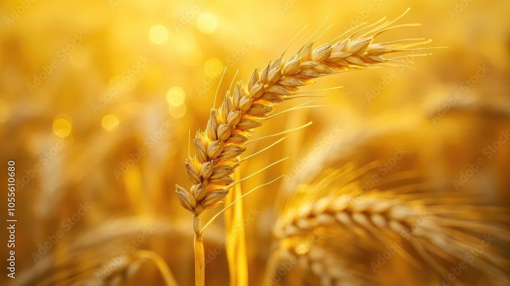 Aufkleber close up of a single wheat spikelet in a golden field illuminated by sunset rays featuring bokeh eff