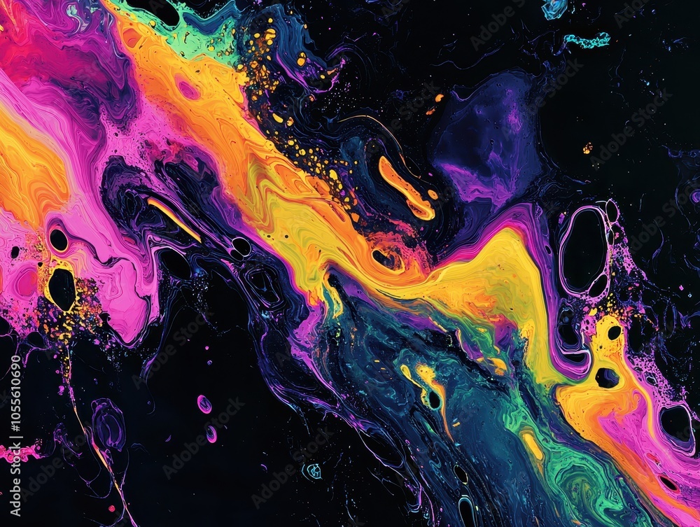 Poster vibrant abstract art with swirling neon colors creating a mesmerizing, fluid design on a dark backgr