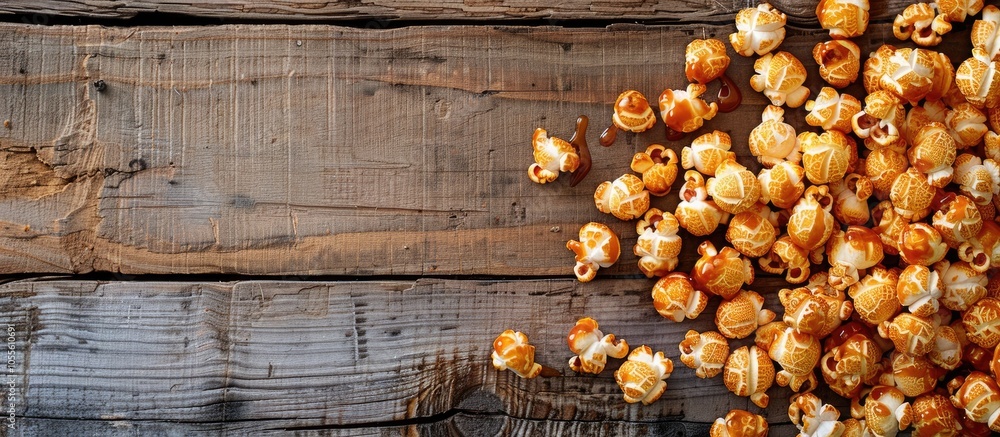 Poster close up of salted caramel popcorn topped with caramel sauce on a wooden background with a designate