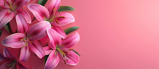 Fototapeta premium Vibrant pink lilies displayed on a bold pink backdrop radiating elegance and beauty in a flat lay style with copy space image ideal for templates