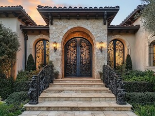 Fototapeta premium Grand double front door in dark-stained wood with intricate iron scrollwork in arched glass panels; stone steps add to the luxurious and elegant ambiance of the entry.