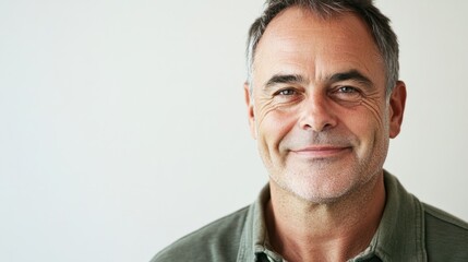 Fototapeta premium Close-up of a middle-aged man with short hair, a slight smile, and a friendly demeanor, isolated on white