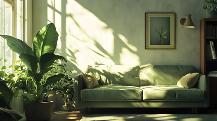 Sunlit living room with soft green couch and plants, creating a calm and inviting atmosphere   -