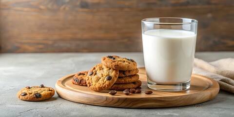 Glass of milk and cookies with raisins on wooden tray