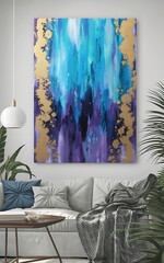 Abstract gold and blue painting on a white wall above a grey sofa  perfect for modern home decor   