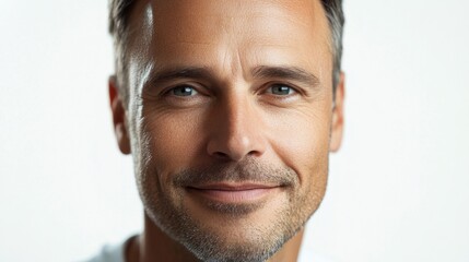 Fototapeta premium Close-up of a middle-aged man with short hair, a slight smile, and a friendly demeanor, isolated on white