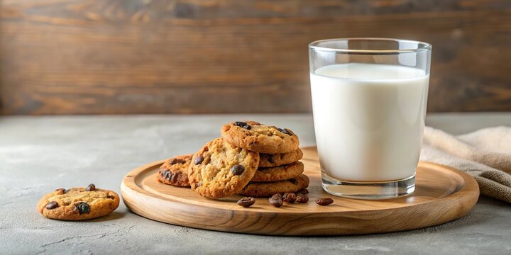 Glass of milk and cookies with raisins on wooden tray