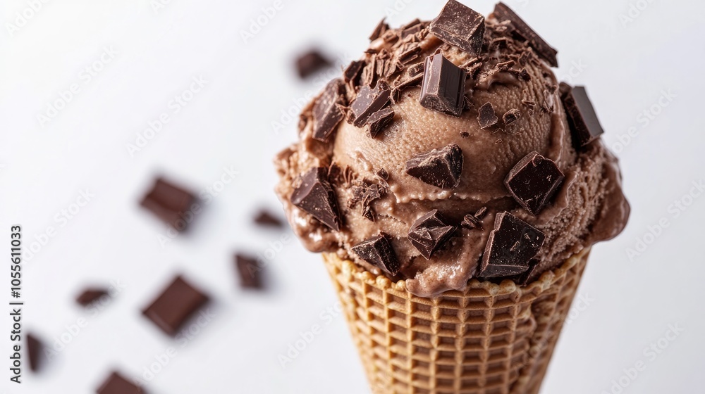 Poster chocolate ice cream cone topped with chocolate chunks against a white backdrop representing a deligh