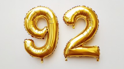 Golden inflatable balloon number 92 isolated on white background Helium filled gold foil numbers for festive decorations anniversaries celebrations and parties