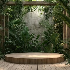 Wooden Podium or Stage with Green Nature Tropical Rainforest Backdrop