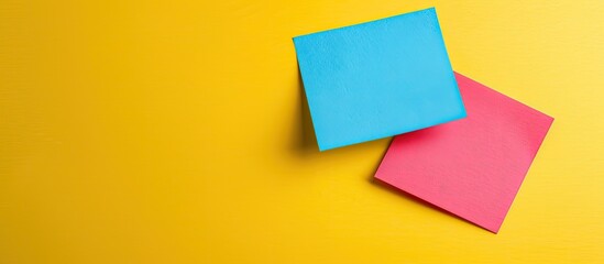 Fototapeta premium Vibrantly colored sticky note placed on a yellow background with space for additional image inclusion