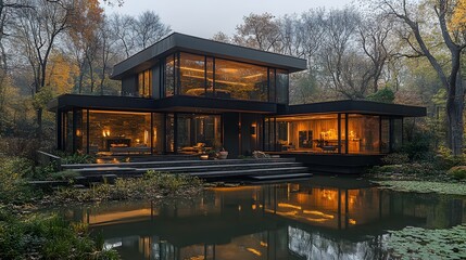 Fototapeta premium Contemporary black steel frame house with two levels glass walls and a private balcony overlooking a serene garden