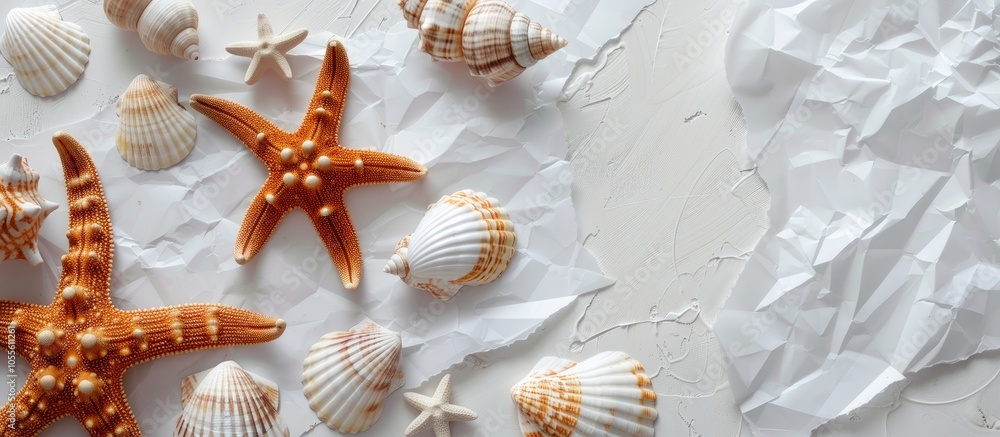 Poster a collection of seashells including a prominent brown starfish is arranged on white paper creating a