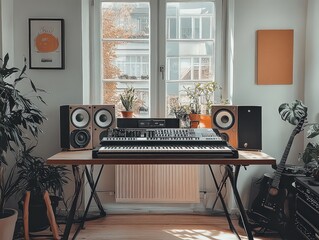  Cozy music production setup with keyboard, speakers, and decor, bathed in natural light, ideal for creativity and musical expression in a home studio.