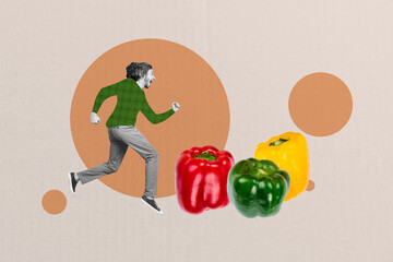 Composite trend artwork sketch image collage of miniature young guy run huge vegetable natural...