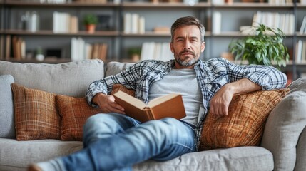 A man sits comfortably on a sofa, engrossed in a book. Surrounded by plush cushions and a well organized bookshelf, he enjoys a quiet moment in a warm, inviting living space during the afternoon.