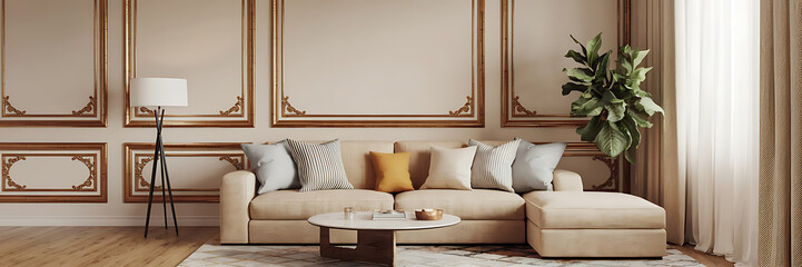 Beige couch with gold accents and green plant  elegant living room design  modern interior design   