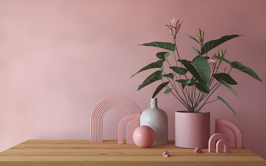 Minimalist pink and green plant still life with geometric shapes on wooden table  perfect for modern interior design   