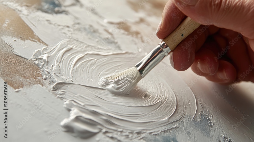 Poster a close up of a hand applying white paint with a brush on a smooth surface highlighting creativity a
