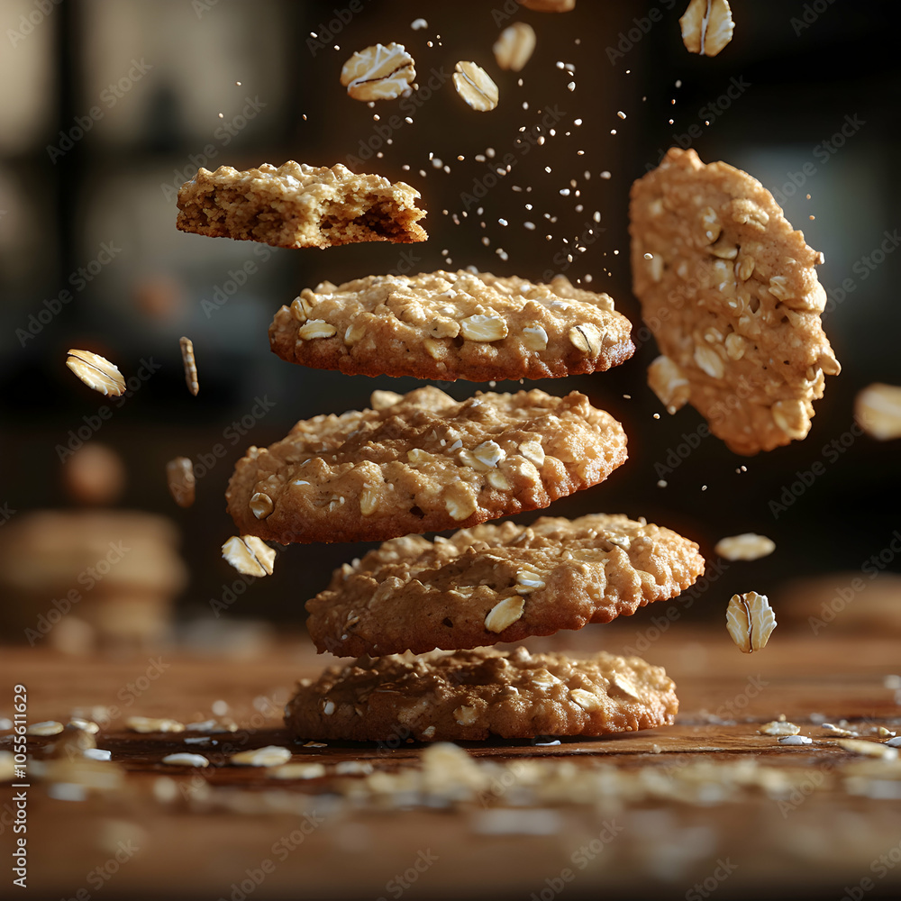 Poster dynamic falling oatmeal cookies arrangement with detailed textures on a rustic surface