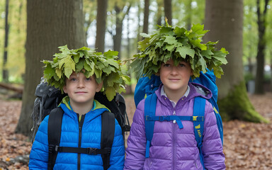 Two boys wearing green leaf crowns and backpacks  blue and purple  autumn forest adventure   