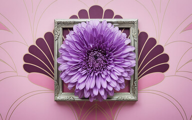 Purple flower  silver frame  pink background  elegant floral design  vintage style  romantic concept  spring season  delicate beauty   