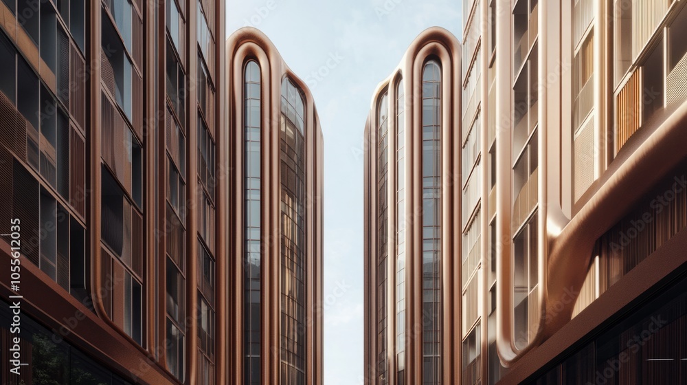 Poster two tall buildings with a lot of windows and a curved design