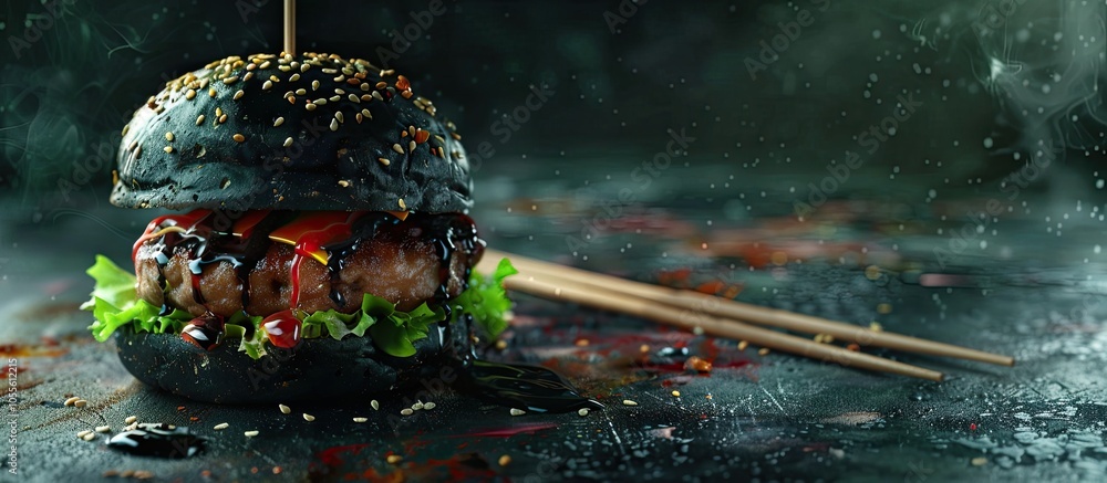 Aufkleber trendy asian sushi burger with soy sauce chopstick on a dark background creating an appealing copy s