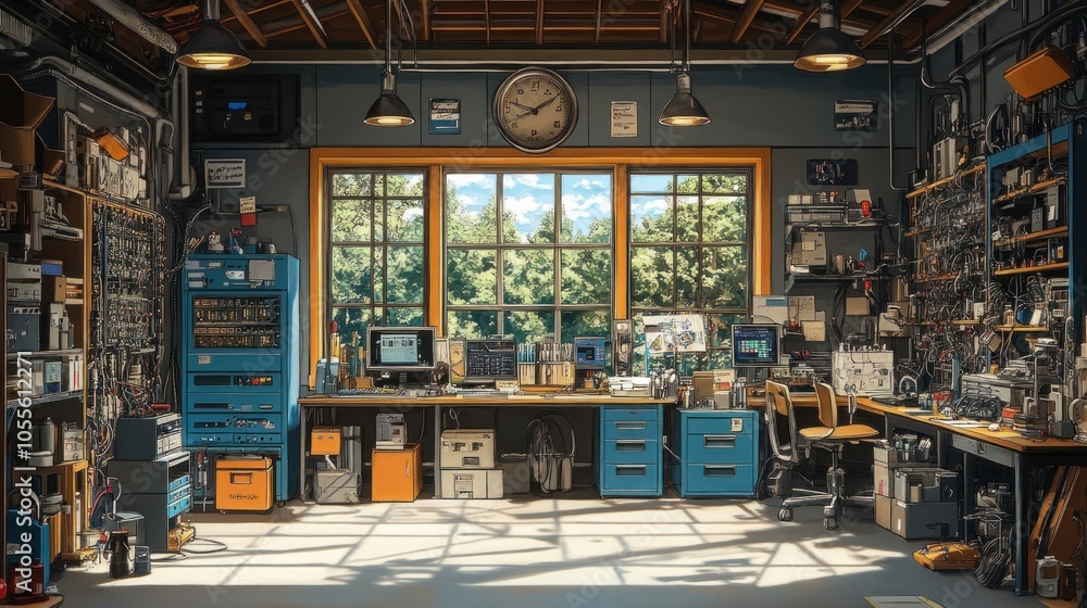 Poster a cluttered workspace with a large window overlooking a forest