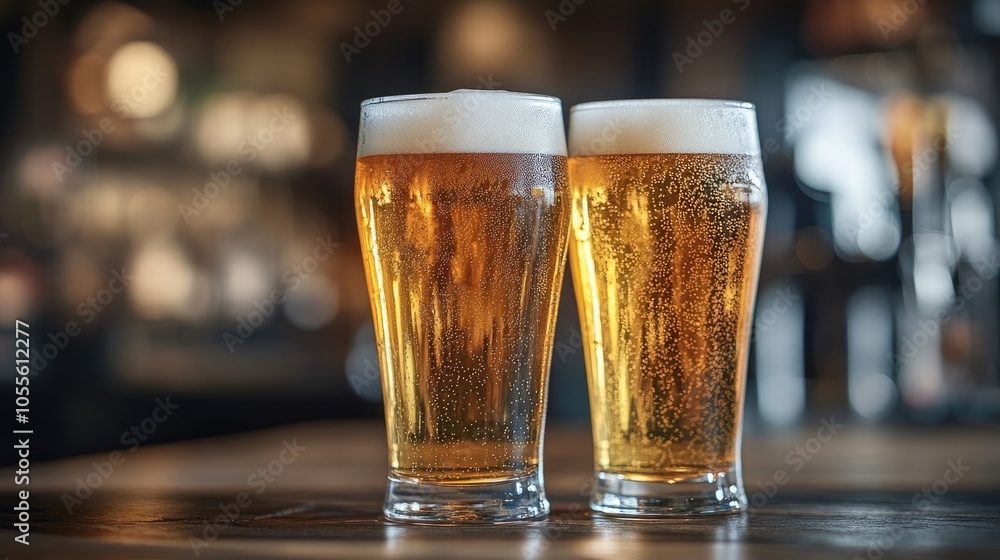 Poster close up of two nonic pint glasses and tulip glasses filled with light draft beer on a wooden table 