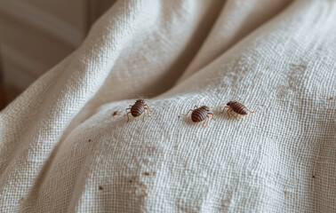 Bed bugs infestation. Small bed bugs crawling on the bottom of a white couch fabric, sofa, armchair.