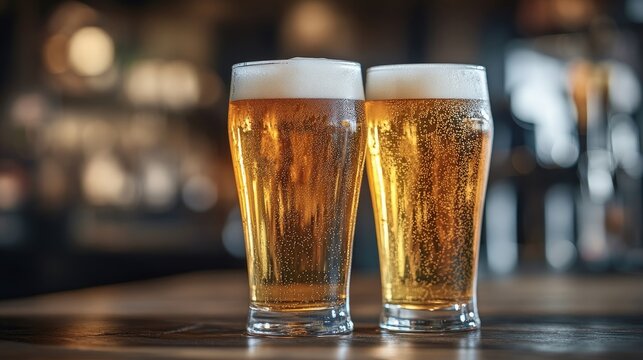 Close up of two nonic pint glasses and tulip glasses filled with light draft beer on a wooden table showcasing a refreshing beverage experience