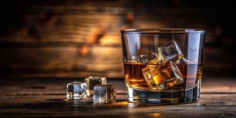 Glass of whiskey with ice cube on blurred background