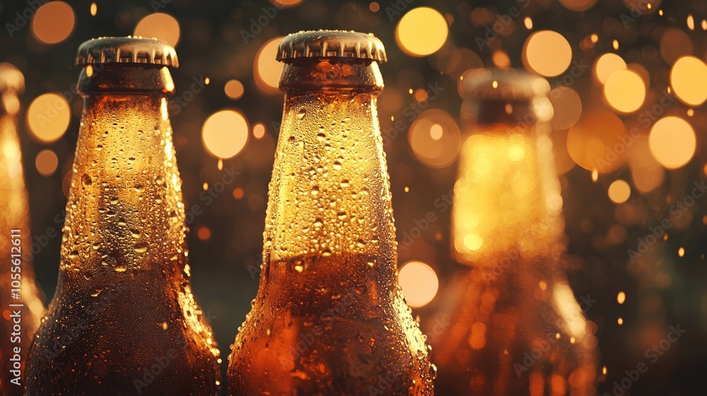 Aufkleber Close up of chilled beer bottles covered in condensation illuminated by warm bokeh lights evoking a refreshing sensation