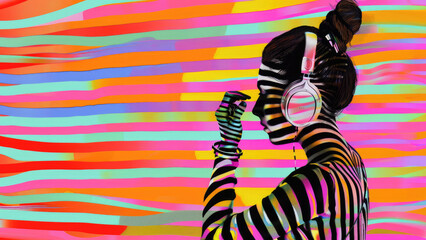 Colorful Pop Art Portrait Of Woman Listening To Music In Headphones