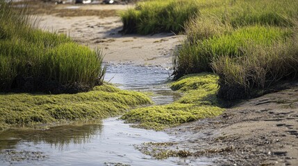 Intertidal wetland with vegetation during low tide in a coastal environment