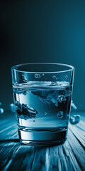 Glass of water with ice  blue and white  minimalist  refreshing  purity  summer drink   