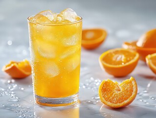 Icy glass of freshly squeezed orange juice on a white background, with vivid orange color and condensation droplets; an orange slice rests on the rim, highlighting cool freshness.