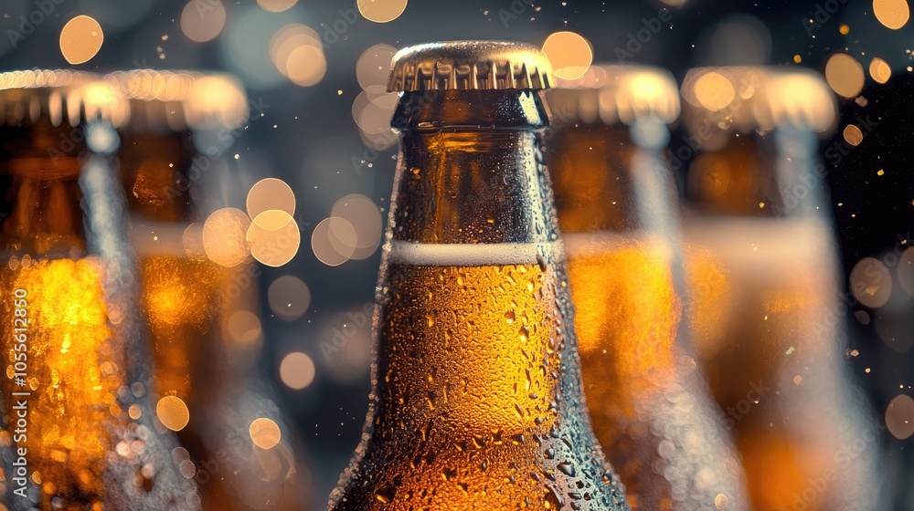 Aufkleber Close up of chilled beer bottles covered in condensation illuminated by warm bokeh lights evoking a refreshing sensation