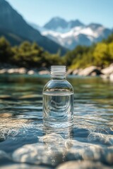Obraz premium A clear water bottle stands upright in a tranquil mountain stream, surrounded by smooth stones. Majestic mountains rise in the background under a bright blue sky, creating a serene and refreshing atmo