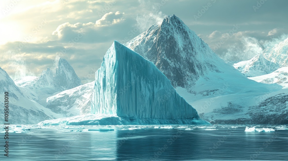 Poster a digital illustration of an enormous iceberg with towering mountains in the background
