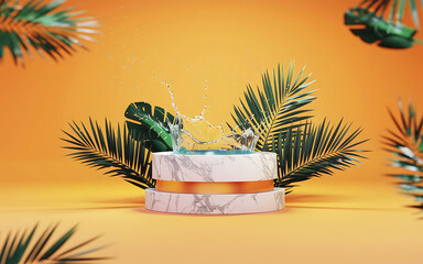 Water splash on marble podium with green palm leaves  summer tropical product display 