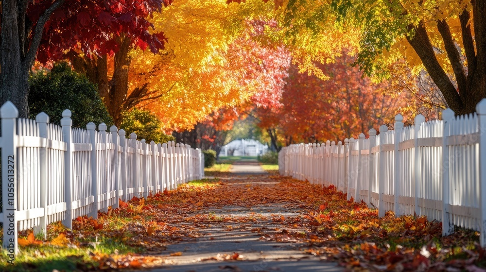 Poster white picket fence surrounded by trees adorned with autumn leaves reflecting the essence of the fall