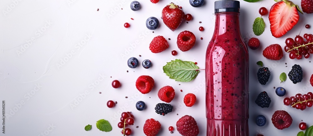 Poster a fresh smoothie bottle featuring assorted berries on a blank white backdrop ideal for copy space im