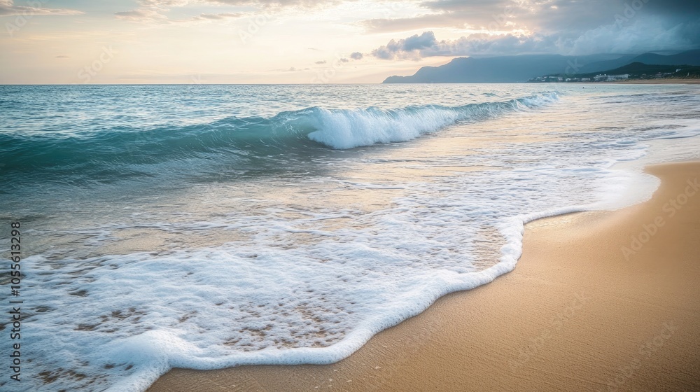 Poster gentle waves lapping at a sandy shore in the morning light creating a serene beach atmosphere