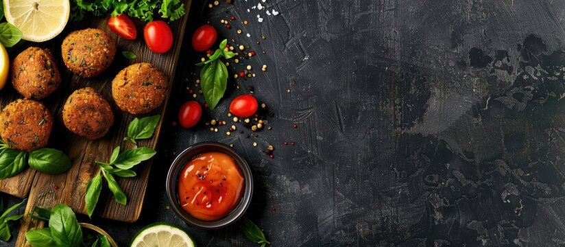 Wooden board with delectable falafel balls sauce and tomato on a bright backdrop with ample copy space image