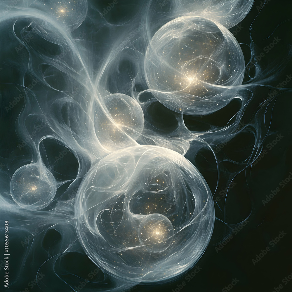 Poster ethereal arrangement of floating spheres in a dreamlike atmosphere with soft lighting and subtle ref