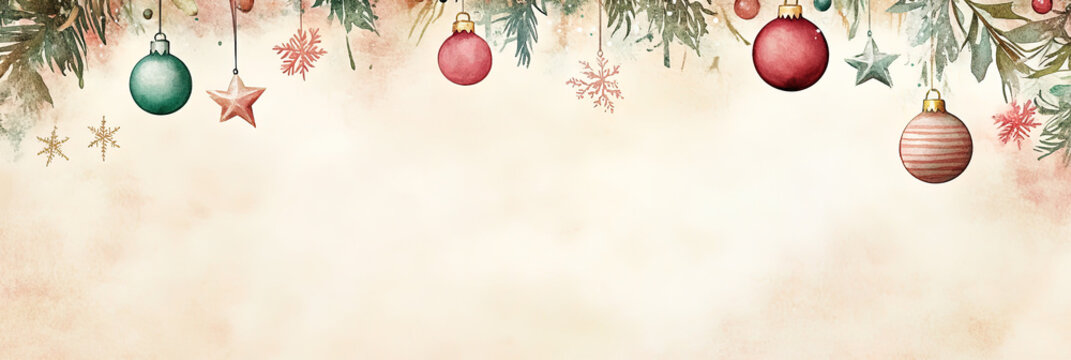 Sanfter Aquarell Hintergrund in zarten Pastellfarben mit festlichen Weihnachtsornamenten wie Kugeln, Sternen und Schneeflocken