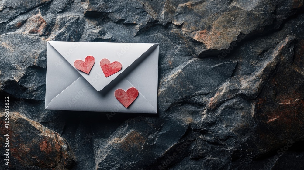 Poster white envelope adorned with hearts placed on a textured stone backdrop representing a romantic theme